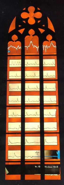 Stiftskirche Darmstadt: Das Elektrodiagramm zeigt erste und letzte Sekunden eines Menschenlebens. Am Anfang und Ende erscheint Blau als Farbe Gottes.